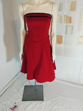 Ruby Rox Red Strapless Fit-and-Flare Midi Dress with Black Trim